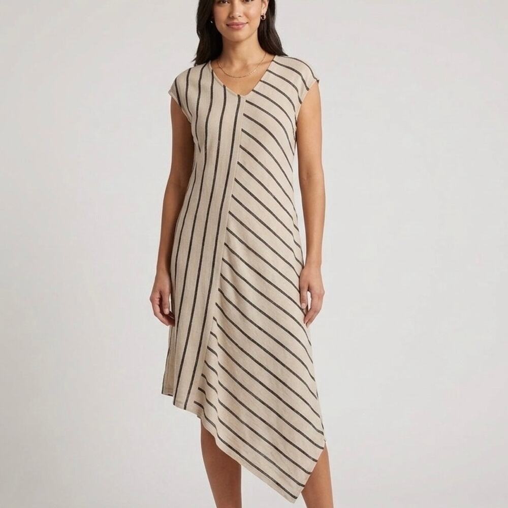 Tahari Linen Blend Asymmetric Stripe Midi Dress Tan Black Small S Sleeveless